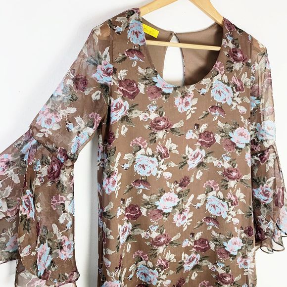 Dee Elle Shift Dress Medium Brown Floral Print Flared Bell Sleeve Crochet Boho M - Picture 4 of 8
